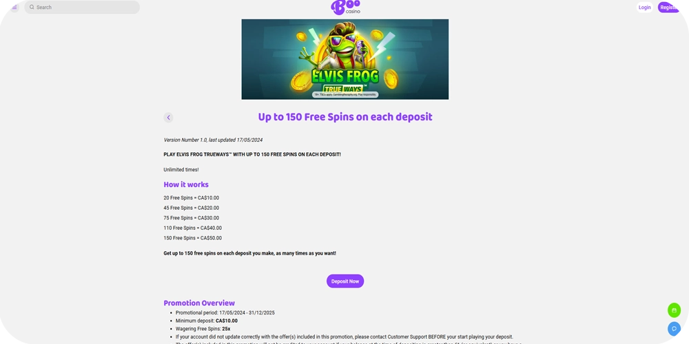 Boo Casino Free Spins on Elvis Frog in Vegas