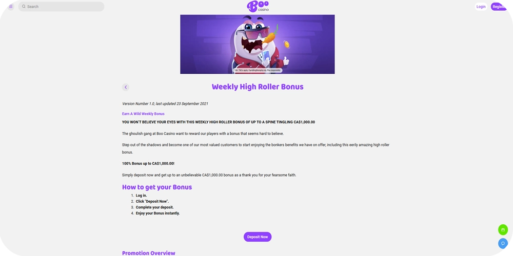 Boo Casino Canada Weekly High Roller Bonus