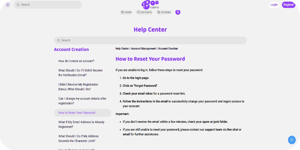 Boo Casino Canada Password Recovery
